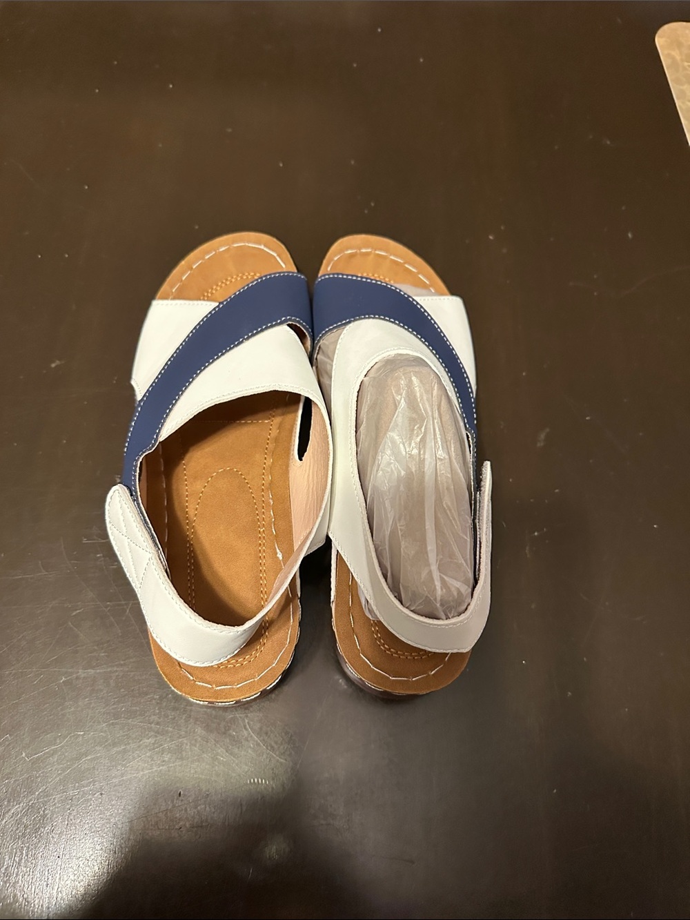 Women’s Navy and White Cross-Strap Sandals with Cushioned Footbed.  Never wore.